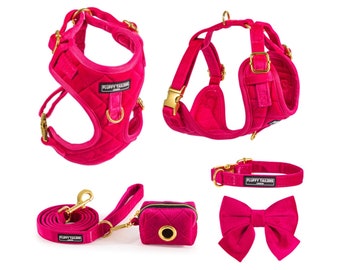 Fluffy Tailers Pretty in Pink Velvet Dog puppy cat kitten Harness, Collar, Bow Tie and leash XXS XS Small Medium adjustable soft stylish