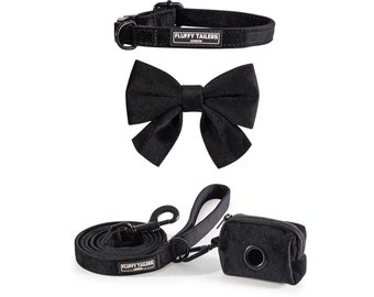 Fluffy Tailers Classic Black Velvet Dog puppy cat kitten Harness, Collar, Bow Tie and leash XXS XS Small adjustable soft stylish