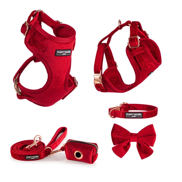 Fluffy Tailers Luxe Red Velvet Dog puppy kat kitten Harnas, Halsband, Vlinderdas en riem XXS XS Klein verstelbaar zacht stijlvol