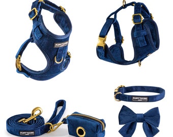 Fluffy Tailers Royal Blue Velvet Dog puppy cat kitten Harness, Collar, Bow Tie and leash XXS XS Small adjustable soft stylish