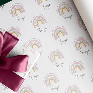 Papier cadeau arc-en-ciel pour 1er anniversaire | Emballage cadeau avec nom et âge personnalisés, tout âge, fille
