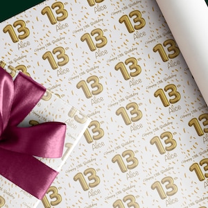 Papel de regalo con globos dorados personalizados para el 13.º cumpleaños, para hija o nieta.