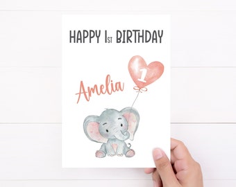 Personalised 1st Birthday Card | First Birthday, Elephant, Pink, Girl First Birthday