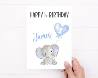 Personalised 1st Birthday Card | First Birthday, Elephant, Blue, Boy First Birthday