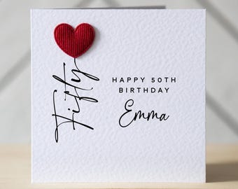 Personalised 50th Birthday Card with Red Heart Balloon