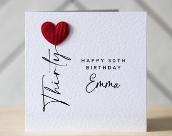 Personalised 30th Birthday Card with Red Heart Balloon