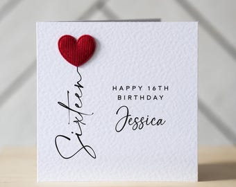 Personalised 16th Birthday Card with Red Heart Balloon