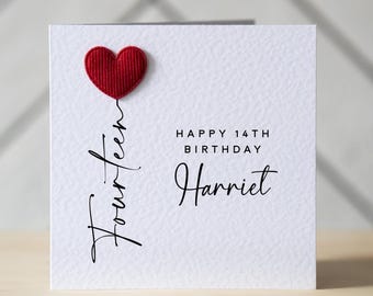 Personalised 14th Birthday Card with Red Heart Balloon