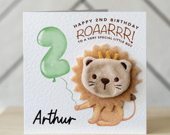 Personalised 2nd Birthday Card With Cute Felt Safari Lion