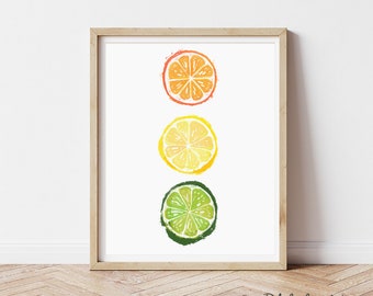 Kitchen Wall Art Print - Citrus Slice - Fruit Art - Traffic Light Fruit Watercolor Painting - Orange Lemon and Lime Picture for Kitchen