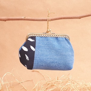 Denim and Floral Pattern Fabric Kiss Lock Purse, Vintage Style Coin Purse with Yellow Lining for Mother&#39;s Day