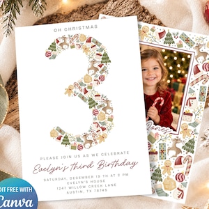Oh Christmas Three Invitation - Girl 3rd Birthday Christmas Party, Editable Canva Template, Photo Invite, 5x7 & Mobile Invitation