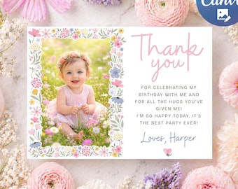 Floral Spring First Birthday Thank You Card Template - Editable in Canva, 5x3.5in Printable, Girl Birthday Thank You Card, Photo Card