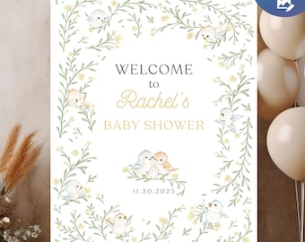 Plantilla de cartel de bienvenida para baby shower: acuarela con flores y pájaros amarillos, Canva editable, tamaño A1 (24 x 36 x 18 x 24)