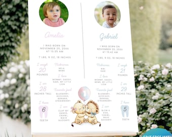 Twin Boy and Girl First Birthday Milestone Board, Baby Stats Poster, Watercolor Lion Cubs Hugging with Balloon, Personalized First Year Sign
