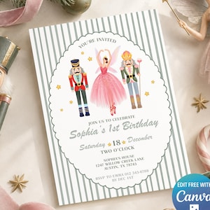 May include: A rectangular birthday invitation card featuring a white center with a scalloped border and gray vertical stripes. The text reads: You're invited, Join us to celebrate Sophia's 1st Birthday, Saturday 18 December, Two o'clock, Sophia's house, 1247 Willow Creek Lane, Austin, TX 78745, RSVP to Emma 012 345-6789 by Dec 1st. Illustrations include two nutcrackers and a ballerina.
