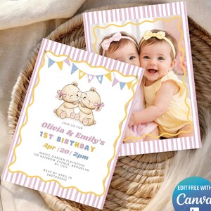 Twin Girl Bear Birthday Invitation Template, Editable Canva, Change "ONE" Text, 5x7 Front & Back, Mobile Invite