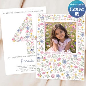 Può includere: Un invito a tema floreale con una foto di una bambina. L'invito presenta un design floreale colorato e il testo "4 anni" e "Annalia". Il logo Canva si trova in alto a destra.