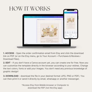 May include: A laptop and smartphone display a birthday invitation design with bear illustrations. The text reads "Ethan's Beary First Birthday." Instructions on how to access, edit, and download the design are also included.
