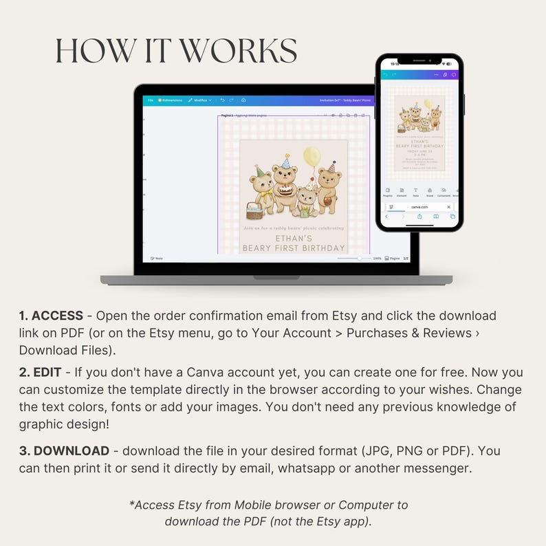 May include: A laptop and smartphone display a birthday invitation design with bear illustrations. The text reads "Ethan's Beary First Birthday." Instructions on how to access, edit, and download the design are also included.