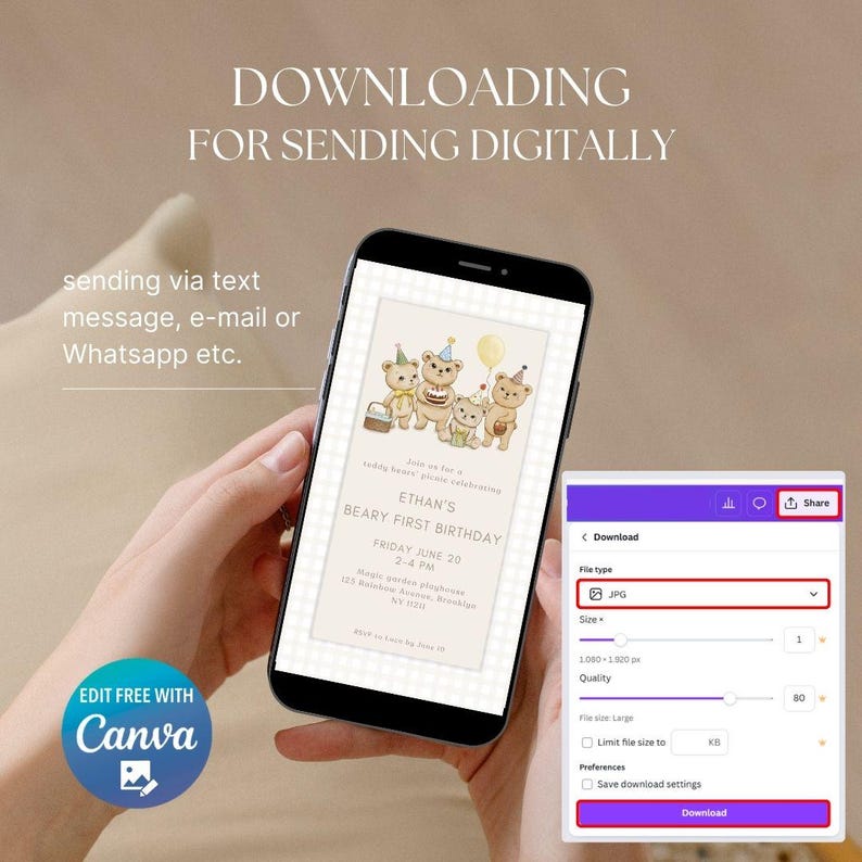 May include: A smartphone displays a birthday invitation with teddy bear illustrations. The invitation reads "Ethan's Beary First Birthday" with event details. The image also shows a download menu with file type options.