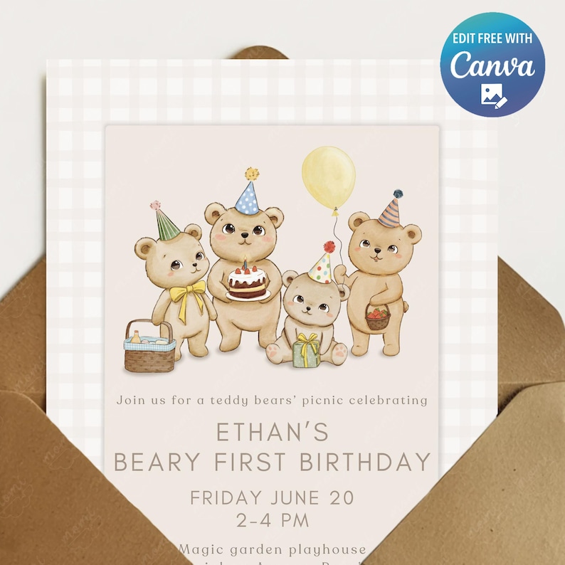 May include: A light beige invitation card with a teddy bear theme. The card features four cartoon teddy bears wearing party hats and holding a cake, balloon, and gifts. Text on the card reads "Ethan's Beary First Birthday".