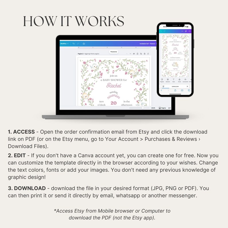 Puede incluir: Un port&aacute;til y un smartphone muestran una plantilla de invitaci&oacute;n para un baby shower. La invitaci&oacute;n presenta detalles florales y el texto "Baby Shower for Rachel". Tambi&eacute;n se incluyen instrucciones sobre c&oacute;mo acceder, editar y descargar la plantilla.