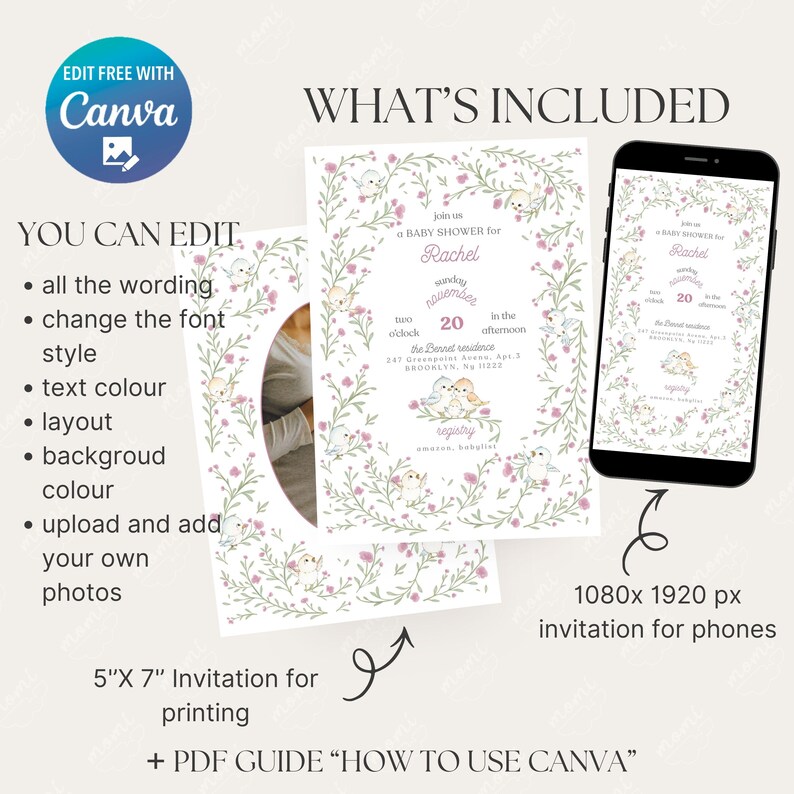 Puede incluir: Una plantilla de invitaci&oacute;n para baby shower con un dise&ntilde;o floral, con el texto "join us for a baby shower for Rachel". Incluye una invitaci&oacute;n de 12,7 cm x 17,8 cm para imprimir y una invitaci&oacute;n de 1080x1920 px para tel&eacute;fonos.