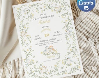 Plantilla de invitación amarilla para baby shower: pájaros y ramas florales de acuarela editables, estilo botánico, descarga instantánea, género neutro.