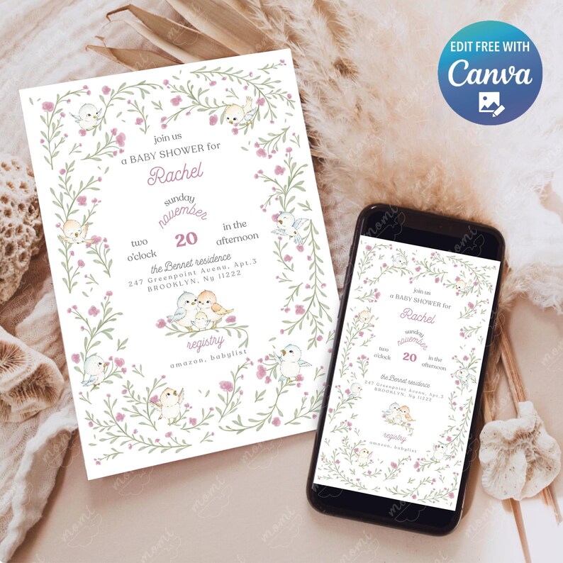 Puede incluir: Invitaci&oacute;n a baby shower con ilustraciones florales y de p&aacute;jaros. La invitaci&oacute;n incluye el texto "Join us a Baby Shower for Rachel" y los detalles del evento. Un smartphone muestra el mismo dise&ntilde;o.