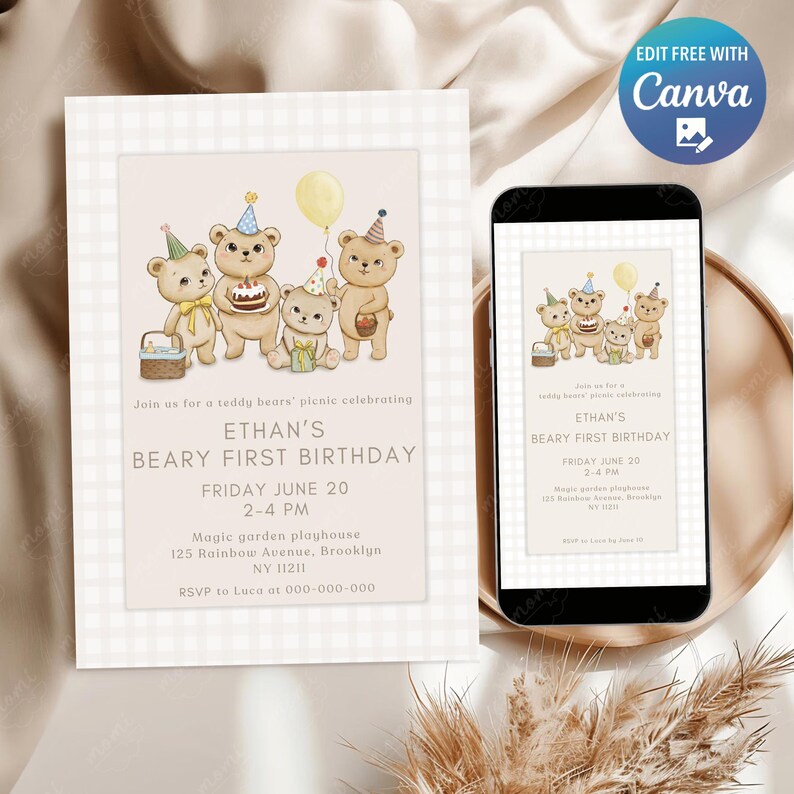 May include: A birthday invitation with a teddy bear theme. The invitation features a watercolor illustration of five teddy bears with party hats and a balloon. The text reads "Ethan's Beary First Birthday" and includes event details.