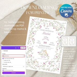 Puede incluir: Una invitaci&oacute;n para un baby shower con un dise&ntilde;o de corona floral, con p&aacute;jaros y flores rosas. La invitaci&oacute;n incluye el texto "join us a BABY SHOWER for Rachel" y los detalles del evento. La imagen tambi&eacute;n muestra instrucciones para descargar e imprimir.