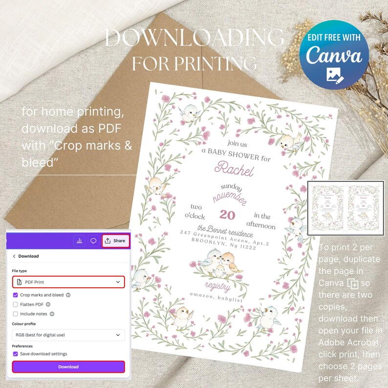 Puede incluir: Una invitaci&oacute;n para un baby shower con un dise&ntilde;o de corona floral, con p&aacute;jaros y flores rosas. La invitaci&oacute;n incluye el texto "join us a BABY SHOWER for Rachel" y los detalles del evento. La imagen tambi&eacute;n muestra instrucciones para descargar e imprimir.