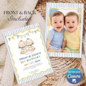 Può includere: Un modello di invito per il primo compleanno con due orsetti illustrati, una ghirlanda di bandierine e il testo Oliver & Liam's 1st Birthday, Apr 20, 2pm, Magic Garden Playhouse, 125 Rainbow Avenue, Brooklyn, NY 11211, RSVP by April 10.