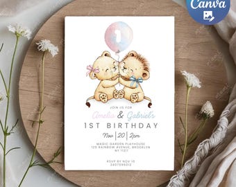 Twin First Birthday Invitation Template - Boy & Girl, Watercolor Lion Cubs Hugging with Balloon , Editable Printable Canva