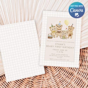 May include: A light beige and white gingham patterned invitation with a teddy bear picnic theme. The invitation features illustrations of teddy bears, a cake, and balloons. Text on the invitation reads "ETHAN'S BEARY FIRST BIRTHDAY".