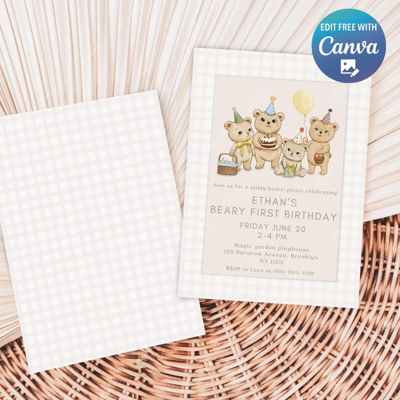 May include: A light beige and white gingham patterned invitation with a teddy bear picnic theme. The invitation features illustrations of teddy bears, a cake, and balloons. Text on the invitation reads "ETHAN'S BEARY FIRST BIRTHDAY".
