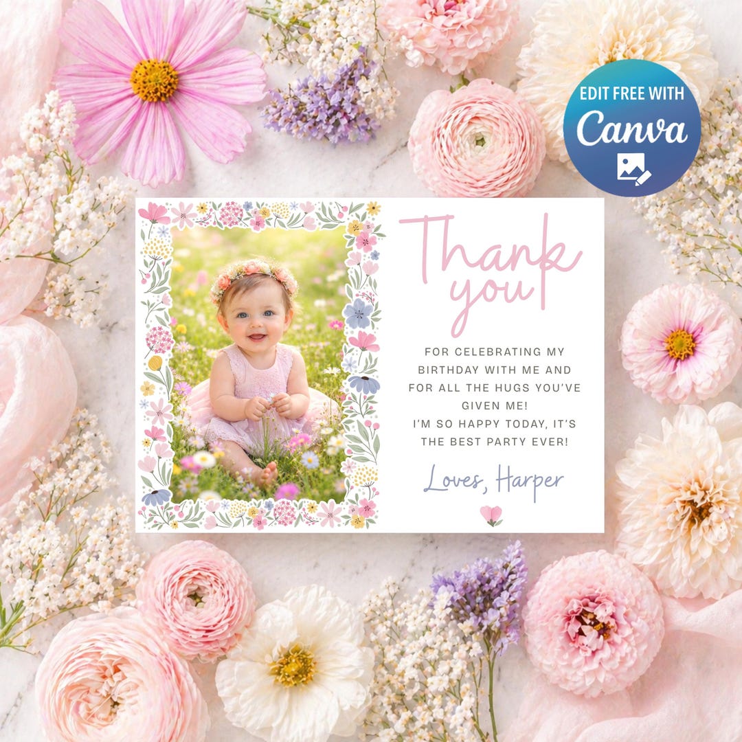 Floral Spring First Birthday Thank You Card Template - Editable in ...