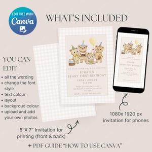 May include: A digital invitation design for a teddy bear-themed birthday party. The design includes a 5" x 7" invitation for printing and a 1080x1920 px invitation for phones. The invitation features illustrations of teddy bears and party details.