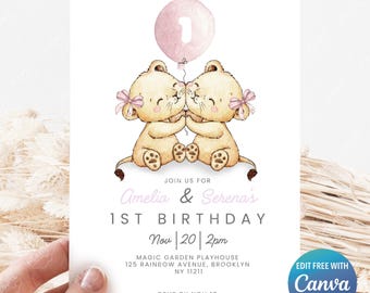 Twin Girls 1st Birthday Invitation Template - Editable Canva, Watercolor Lioness, Pink Balloon, First Birthday Twins Party Invite
