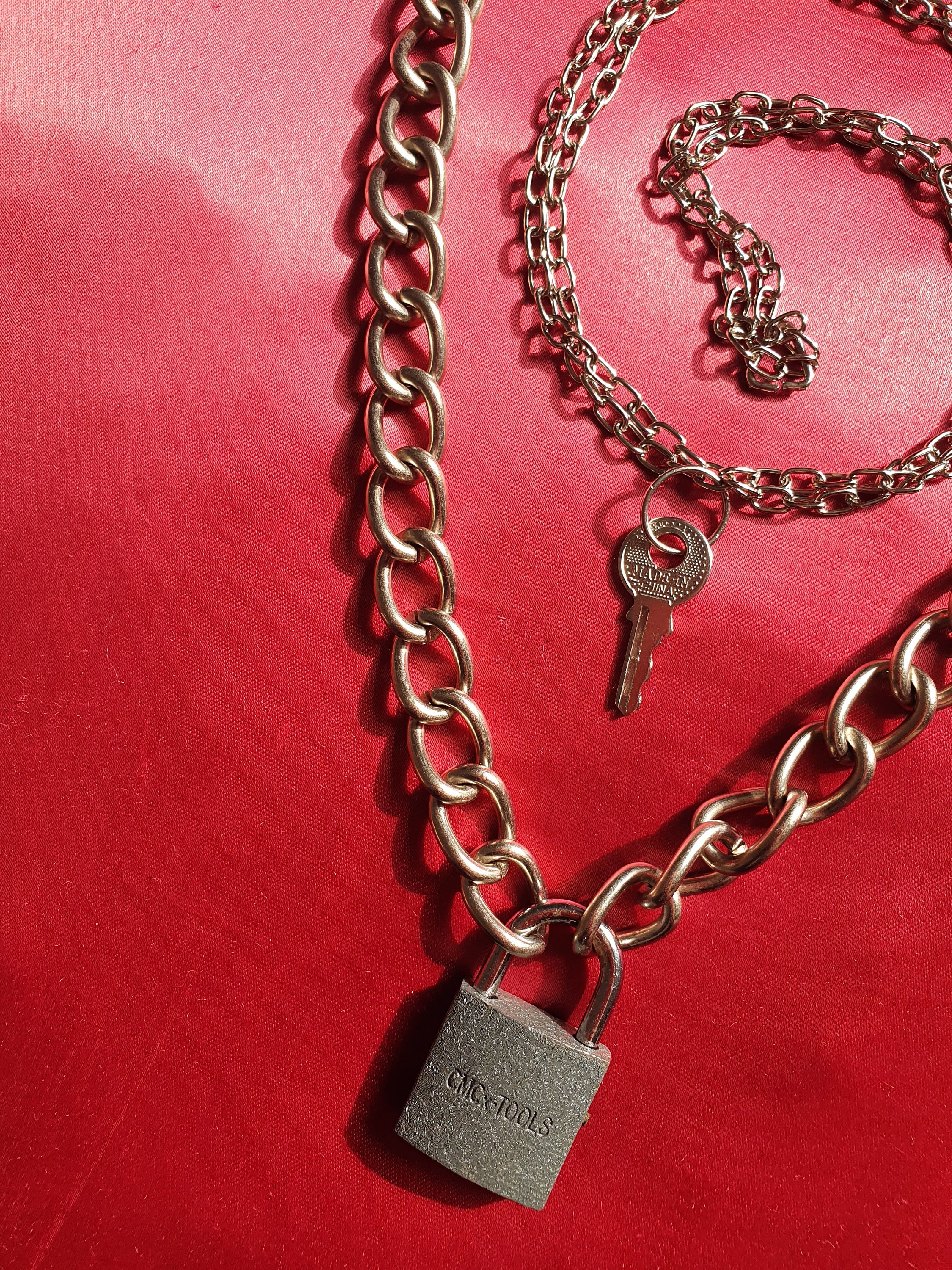 Dual Chain Necklaces With Padlock and Key BDSM Goth Punk 