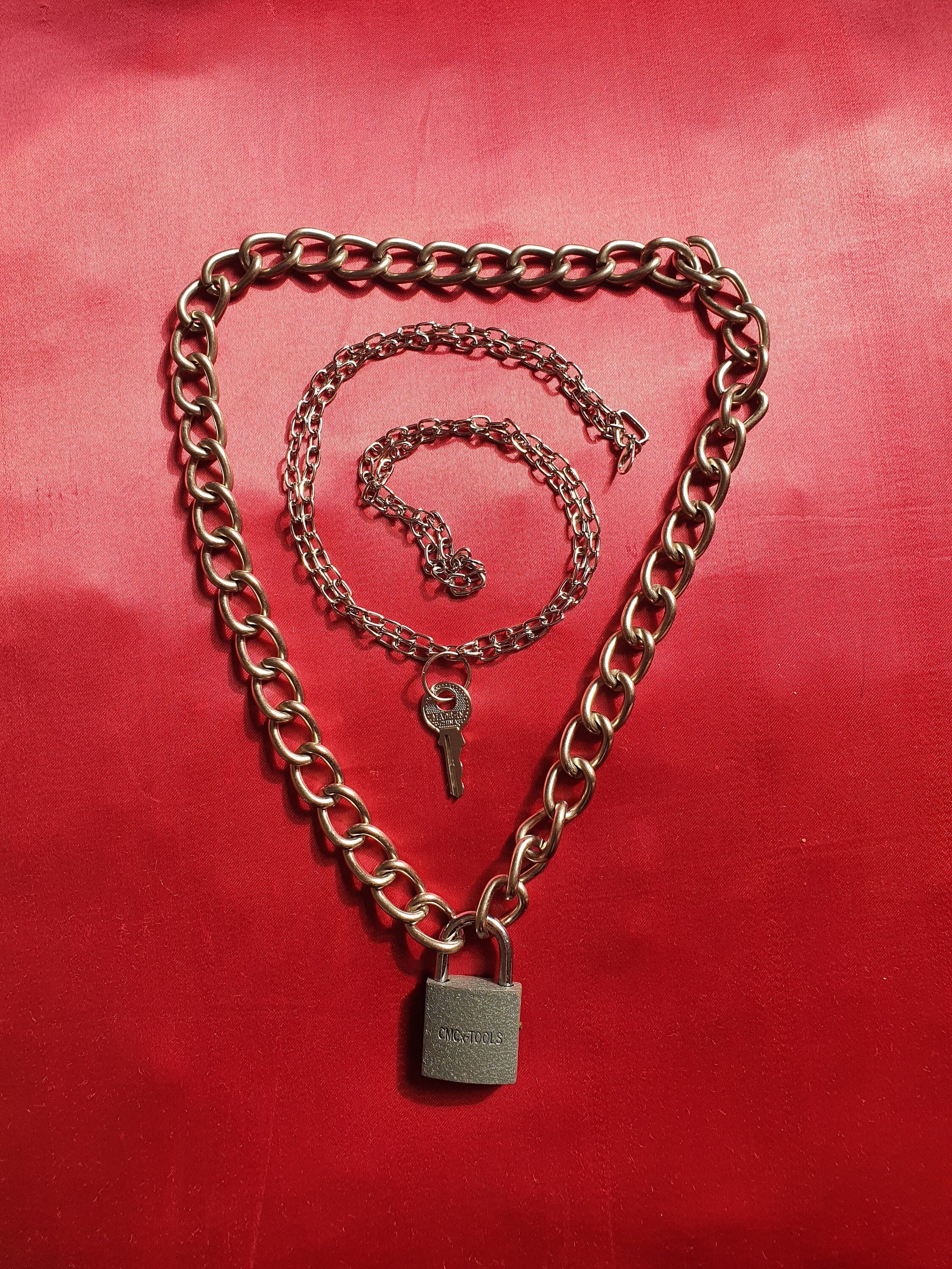 Dual Chain Necklaces With Padlock and Key BDSM Goth Punk 