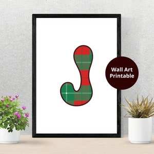 Red and Green Tartan Bubble Letter Printable Wall Art | Scottish Plaid Digital Download | Instant Decor for Home and Office | Letter J