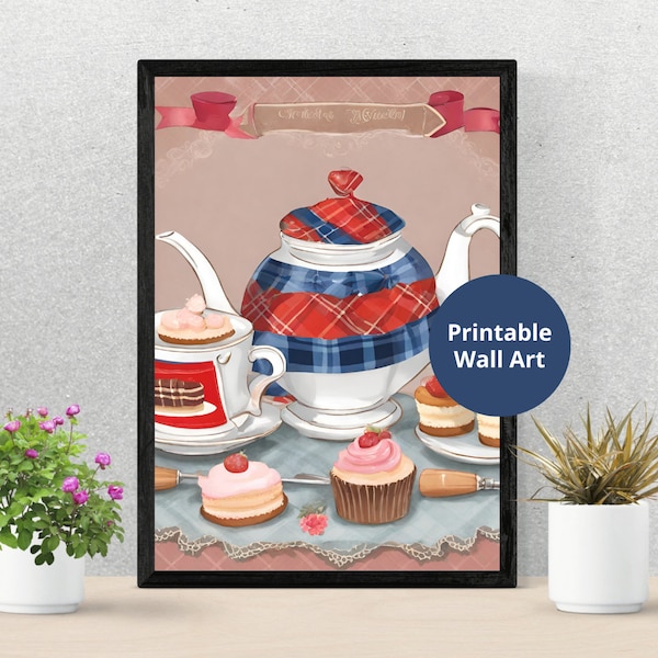 Printable wall art | Tartan Tea Time Poster | Teapot, Cakes and Tablecloth Illustration | Wall decor | Modern Scottish gift | Download print