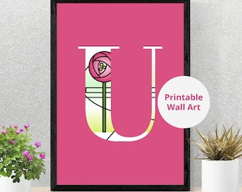 Plakaty z różowymi literami w stylu art déco witrażu Charlesa Rennie Mackintosha | Sztuka ścienna | Szkocki prezent | Wystrój domu | Litera U