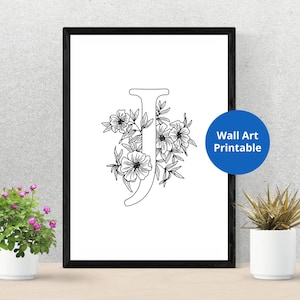 White and Black Flower Initials | Letter J Floral Design | Print | Scottish gift | Unframed wall art | Home decor | Affordable Art gift