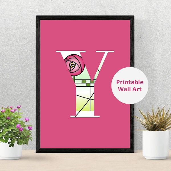 Charles Rennie Mackintosh's Art Deco Stained Glass Effect Pink Rose Letter Posters | Wall Art | Scottish Gift | Home Decor Print | Letter Y