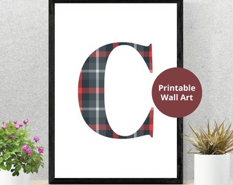 Modern Red and Grey Tartan Letter Poster | Unique Wall Art | Home Decor | Downloadable Wall Art | Scottish Gift Idea | Print at home