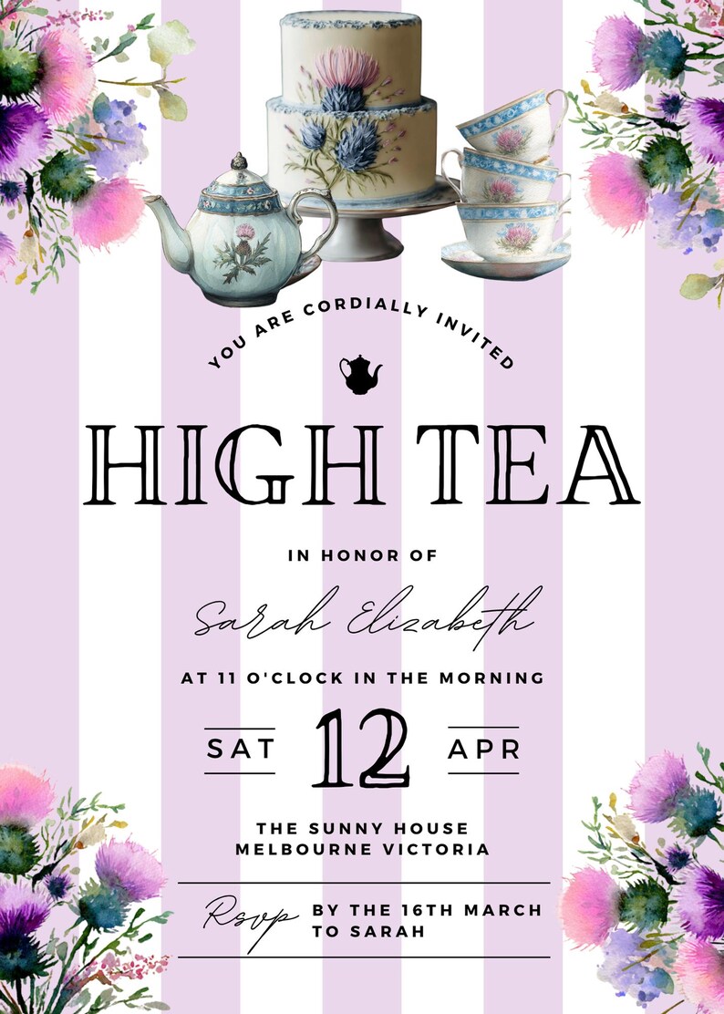 Scottish Thistle High Tea Invitation | Editable Floral Tea Party Invite ...