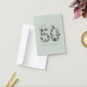Cartão de aniversário exclusivo de 50 anos | Design escocês do cardo | Comemoração do marco | Download Digital | Imprima em casa cartão comemorativo | Cartão de feliz aniversário